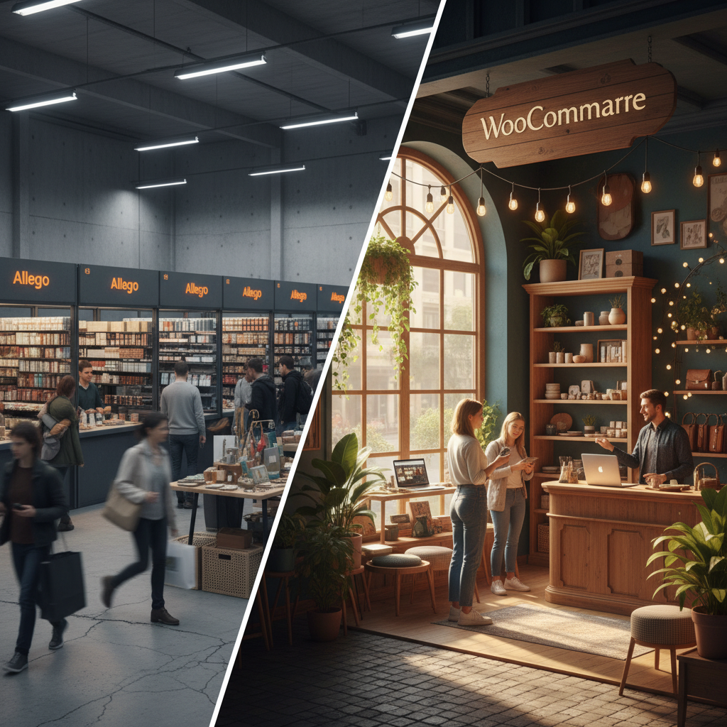 Ilustracja porównująca sklep WooCommerce i platformę Allegro dla marki z własnymi produktami, pokazująca różnice w kontroli i wizerunku
