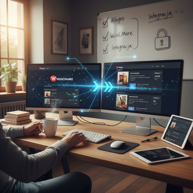Schemat automatycznej synchronizacji zamówień i stanów między WooCommerce a Allegro w sprzedaży wielokanałowej