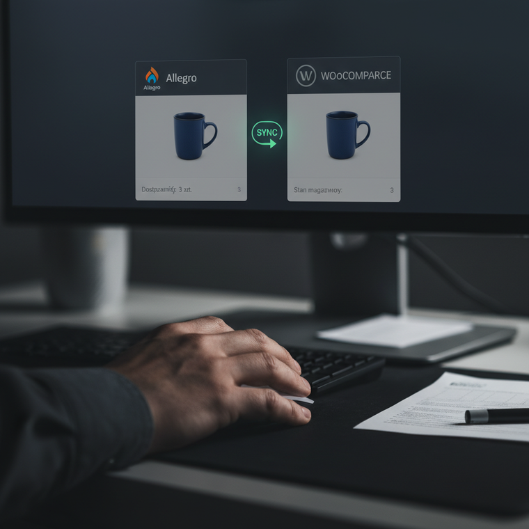 Panel integracji WooCommerce i Allegro pokazujący synchronizację stanów magazynowych między sklepem a aukcjami Allegro