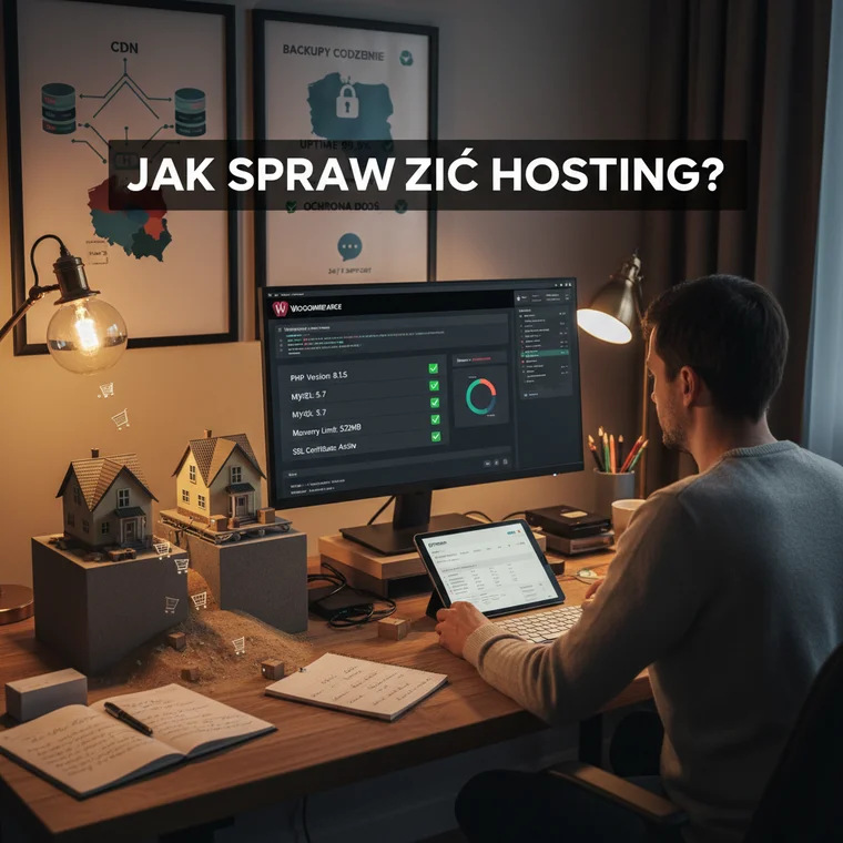 Schemat architektury hostingu pod WooCommerce z serwerem, bazą danych, SSL, cachingiem i CDN dla szybkiego sklepu