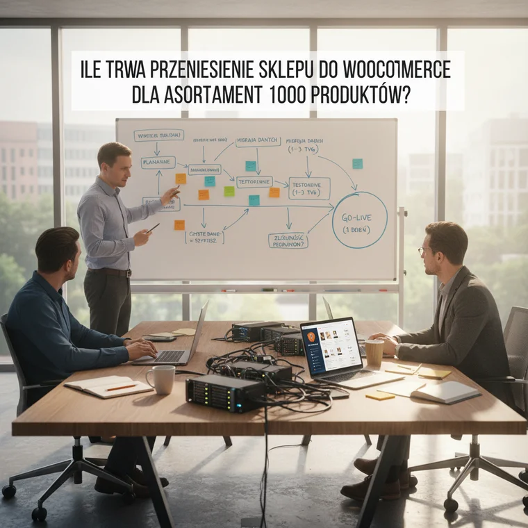 Zespół pracujący nad testami sklepu WooCommerce po migracji 1000 produktów, analizujący czas całego procesu
