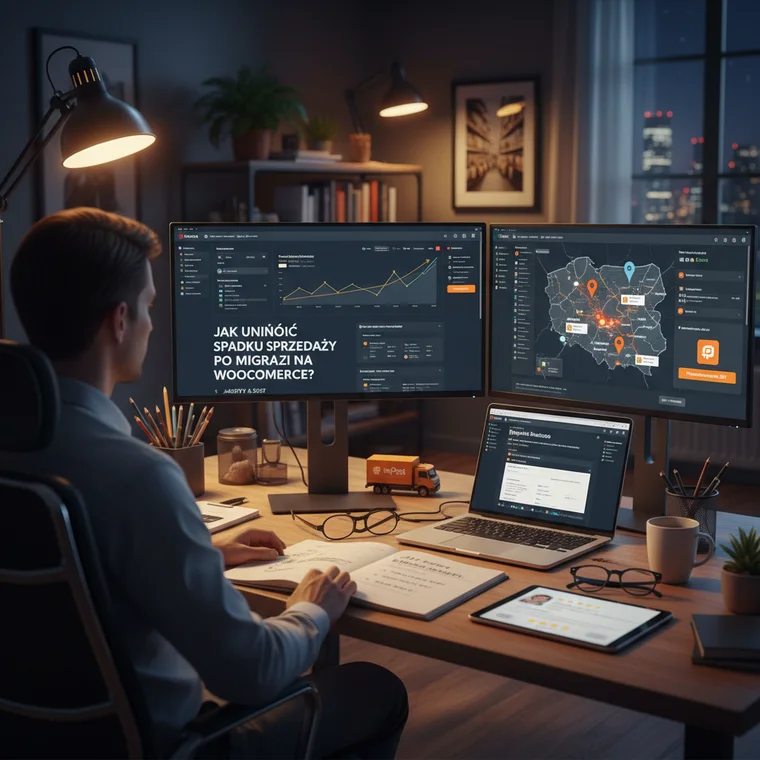 Panel WooCommerce z danymi o zamówieniach i ruchu po migracji sklepu, prezentujący stabilną sprzedaż i dobrą wydajność