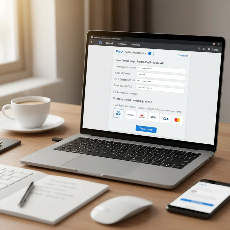 Zrzut ekranu z konfiguracją płatności PayU w WooCommerce, pokazujący ustawienia API, POS ID i środowisko produkcyjne w polskim sklepie
