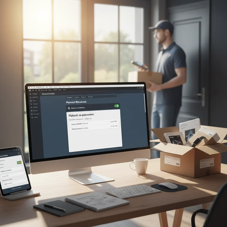 Ekran ustawień WooCommerce z tabelą metod wysyłki kurierem i paczkomatem, zilustrowaniem powiązania płatności za pobraniem tylko z kurierem
