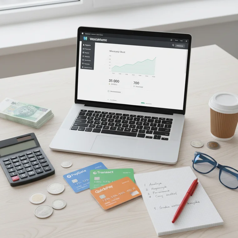 Przykładowe obliczenia prowizji od płatności online w WooCommerce na tle ekranu z raportami sprzedaży sklepu