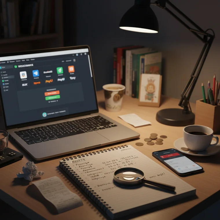 Panel analityczny i ustawienia bramki płatności WooCommerce w mikrosklepie, z zaznaczonymi kosztami prowizji i metodami płatności przy niskiej marży