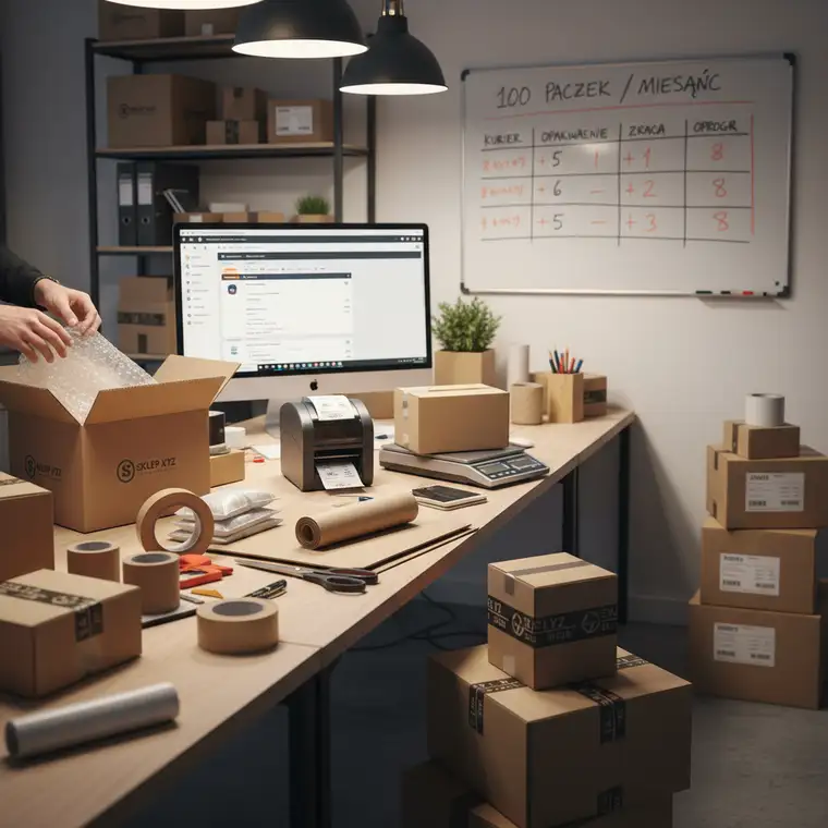 Pracownik sklepu internetowego WooCommerce pakuje zamówienia w kartony, licząc czas pracy potrzebny do obsługi 100 paczek miesięcznie