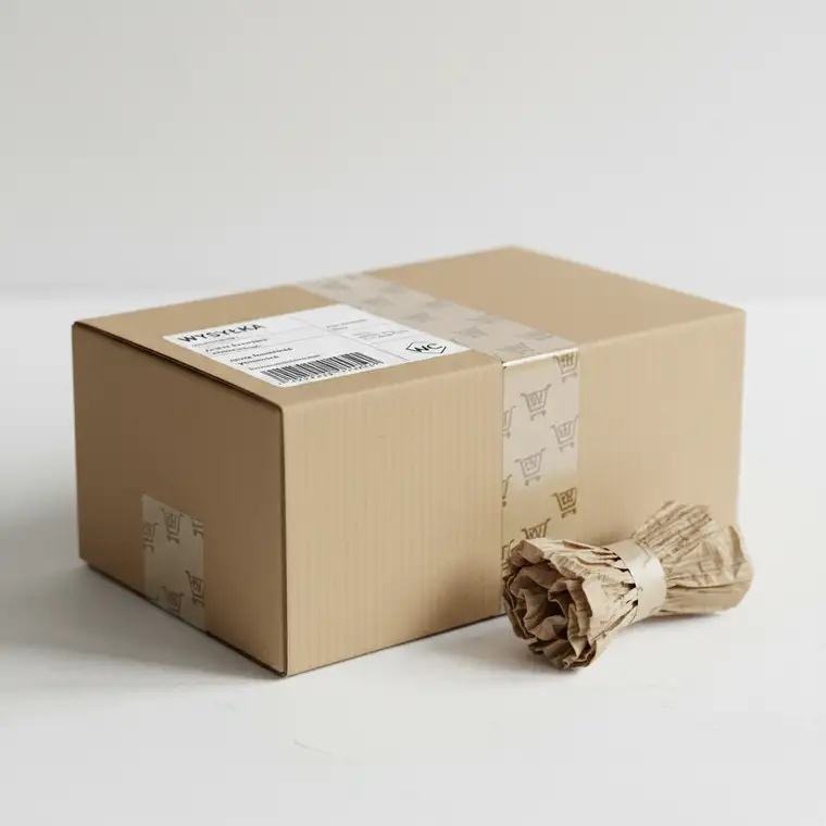 Właściciel sklepu WooCommerce analizuje na laptopie pełny koszt wysyłki 100 paczek miesięcznie, uwzględniając kuriera, opakowania i czas pracy