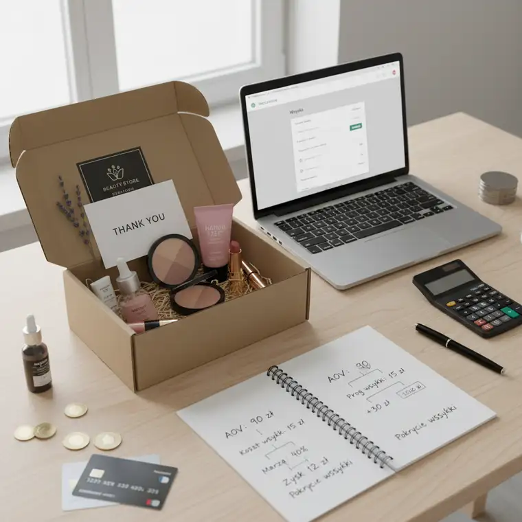 Wykres z panelu WooCommerce pokazujący próg darmowej dostawy oraz wpływ na AOV i liczbę zamówień w sklepie z kosmetykami online