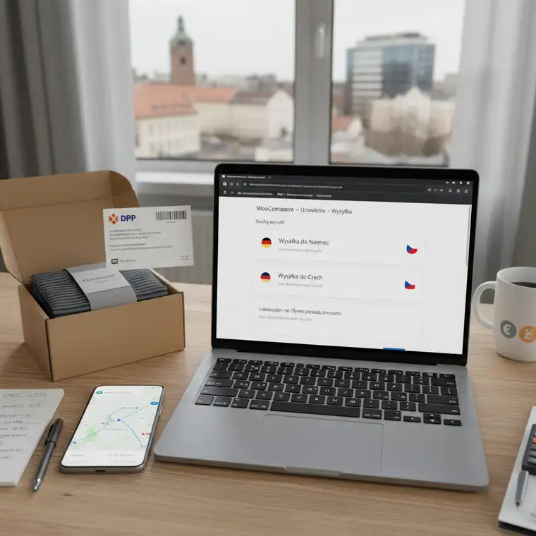 Widok konfiguracji metod wysyłki WooCommerce dla Niemiec i Czech, z płaską stawką i darmową wysyłką ustawioną tylko dla tych krajów