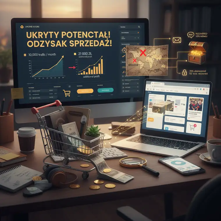 Schemat procesu zakupowego w WooCommerce z zaznaczonymi miejscami, gdzie klienci porzucają koszyki i tracisz sprzedaż