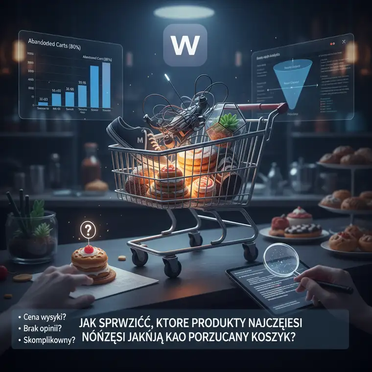Wykres lejka zakupowego w GA4 pokazujący przejście od add_to_cart do purchase oraz produkty najczęściej porzucane w WooCommerce