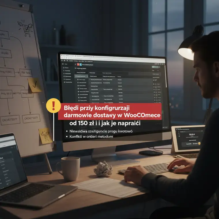 Widok koszyka WooCommerce z poprawnie działającą darmową dostawą od 150 zł oraz alternatywnymi metodami wysyłki poniżej
