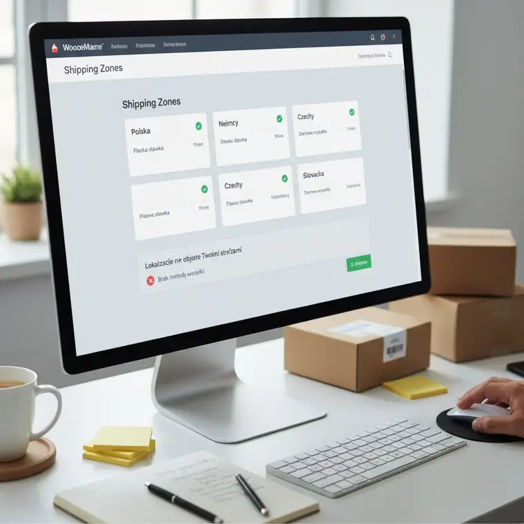 Ekran konfiguracji WooCommerce z widoczną strefą Lokalizacje nie objęte Twoimi strefami i brakiem metod wysyłki dla pozostałych krajów
