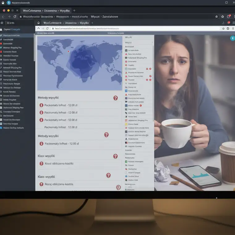 Widok konfiguracji wtyczek i metod wysyłki WooCommerce, ilustrujący diagnozowanie konfliktów powodujących podwójne naliczanie kosztów dostawy