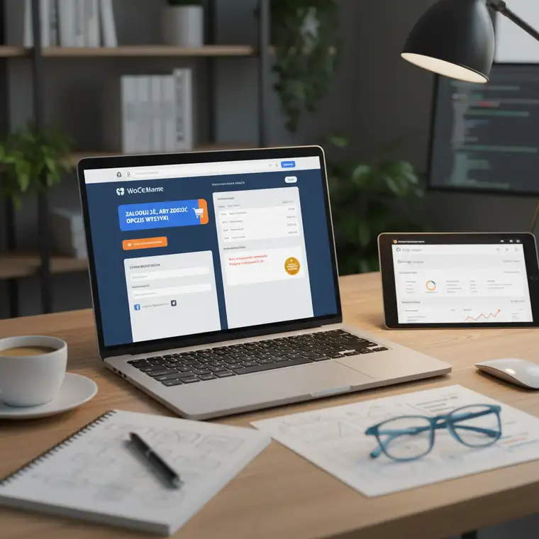 Klient przeglądający sklep WooCommerce z widocznym komunikatem o wysyłce tylko dla zalogowanych i przyciskami logowania oraz rejestracji