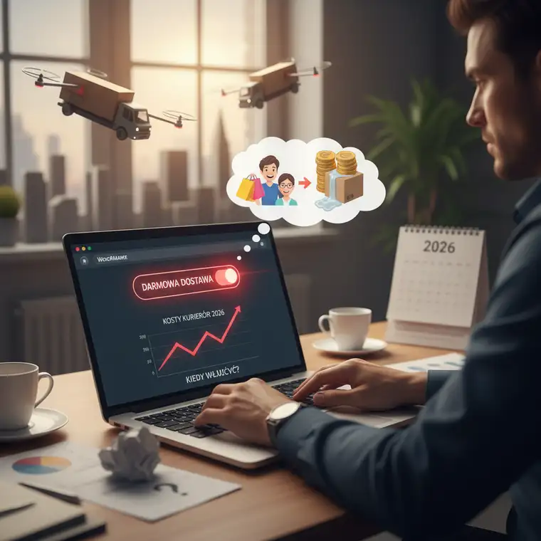 Panel WooCommerce z ustawieniami darmowej dostawy od progu, prezentujący strategie zamiast całkowitego wyłączenia darmowej wysyłki przy rosnących kosztach kurierów 2026