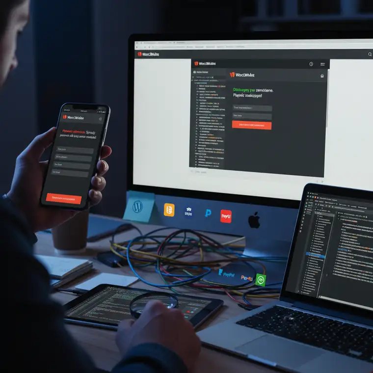 Schemat diagnostyki problemu z płatnością kartą w WooCommerce na telefonach, pokazujący konflikty wtyczek i motywu