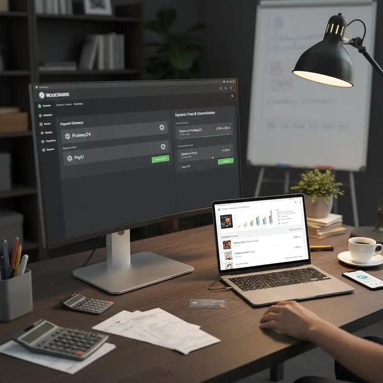 Ekran koszyka WooCommerce z różnymi metodami płatności i widocznymi dodatkowymi prowizjami online skonfigurowanymi dla dwóch bramek