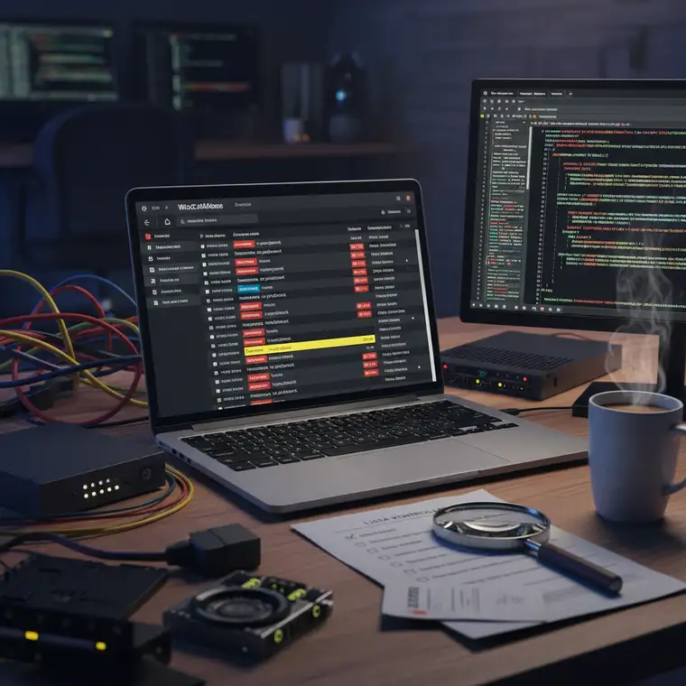 Ekran statusu WooCommerce z zaznaczonymi logami, pamięcią PHP i zadaniami cron, pokazujący jak diagnozować brak zmiany statusu zamówienia