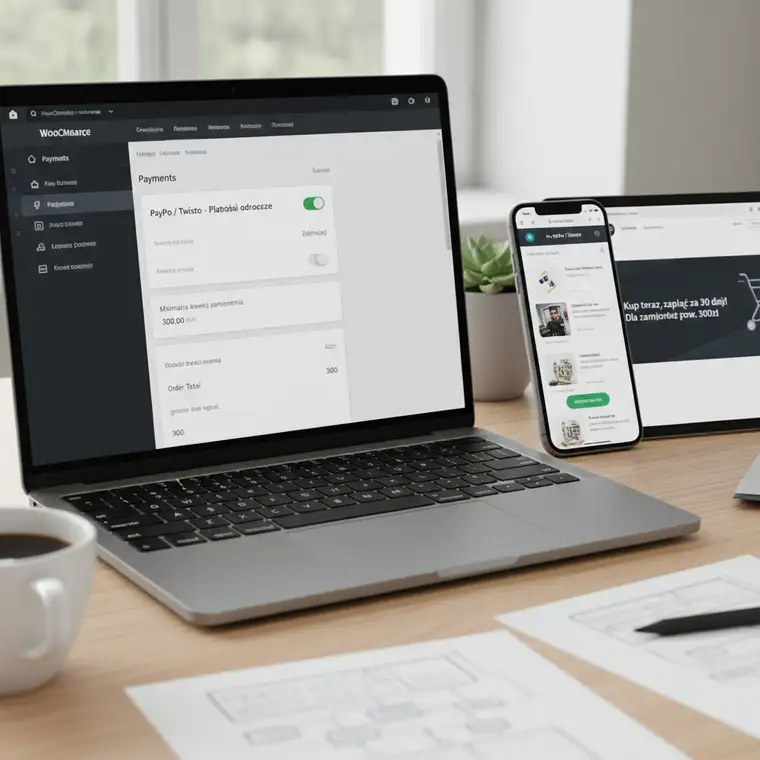 Widok klienta w koszyku WooCommerce z widoczną metodą płatności odroczonej od progu 300 zł