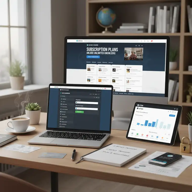 Konfiguracja WooCommerce Subscriptions z bramką Stripe, widok kokpitu WordPress dla sklepu z kursami online