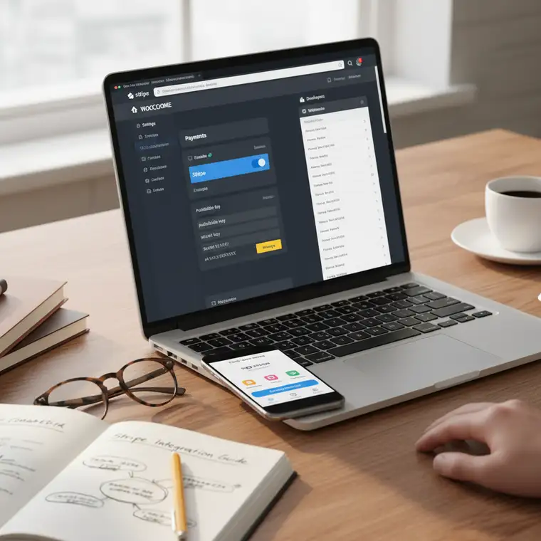 Właściciel sklepu WooCommerce analizuje błędy integracji Stripe na ekranie laptopa, szukając problemów z płatnościami online