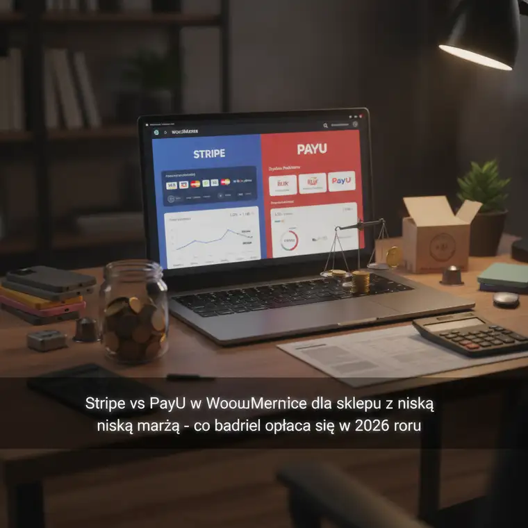 Właściciel sklepu WooCommerce analizuje koszty Stripe i PayU, na ekranie wykres prowizji dla BLIK i kart w 2026 roku