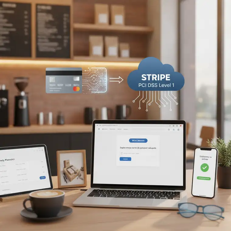 Schemat małego sklepu WooCommerce korzystającego ze Stripe z funkcją zapisywania kart, pokazujący wygodę subskrypcji i płatności cyklicznych
