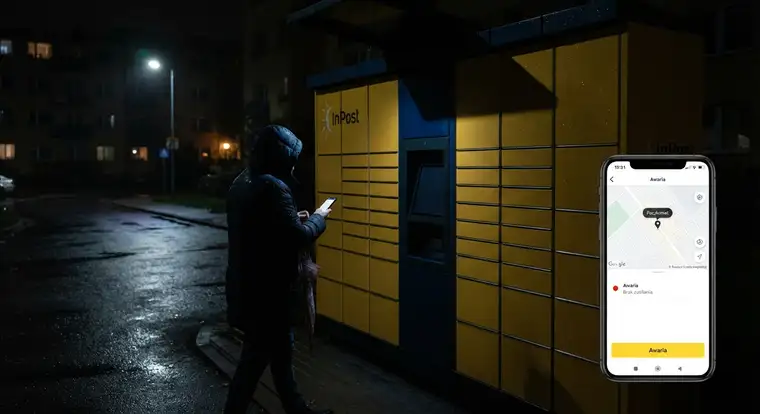 Kobieta sprawdza w aplikacji InPost status paczkomatu po zaniku prądu, zanim wyjdzie odebrać paczkę