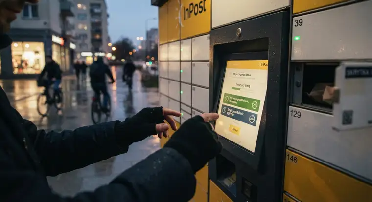 Telefon z aplikacją InPost i Paczkomat w tle, pokazujące przedłużenie odbioru paczki oraz koszt dodatkowej doby